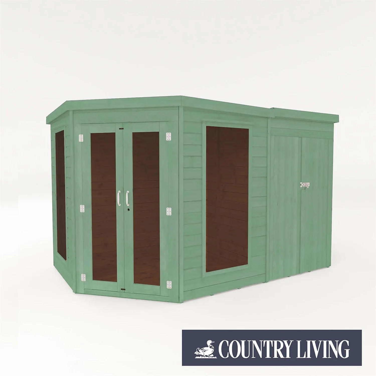 Country Living Ribble 7 X 7ft Premium Corner Summerhouse With Side Shed Painted + Installation - Aurora Green