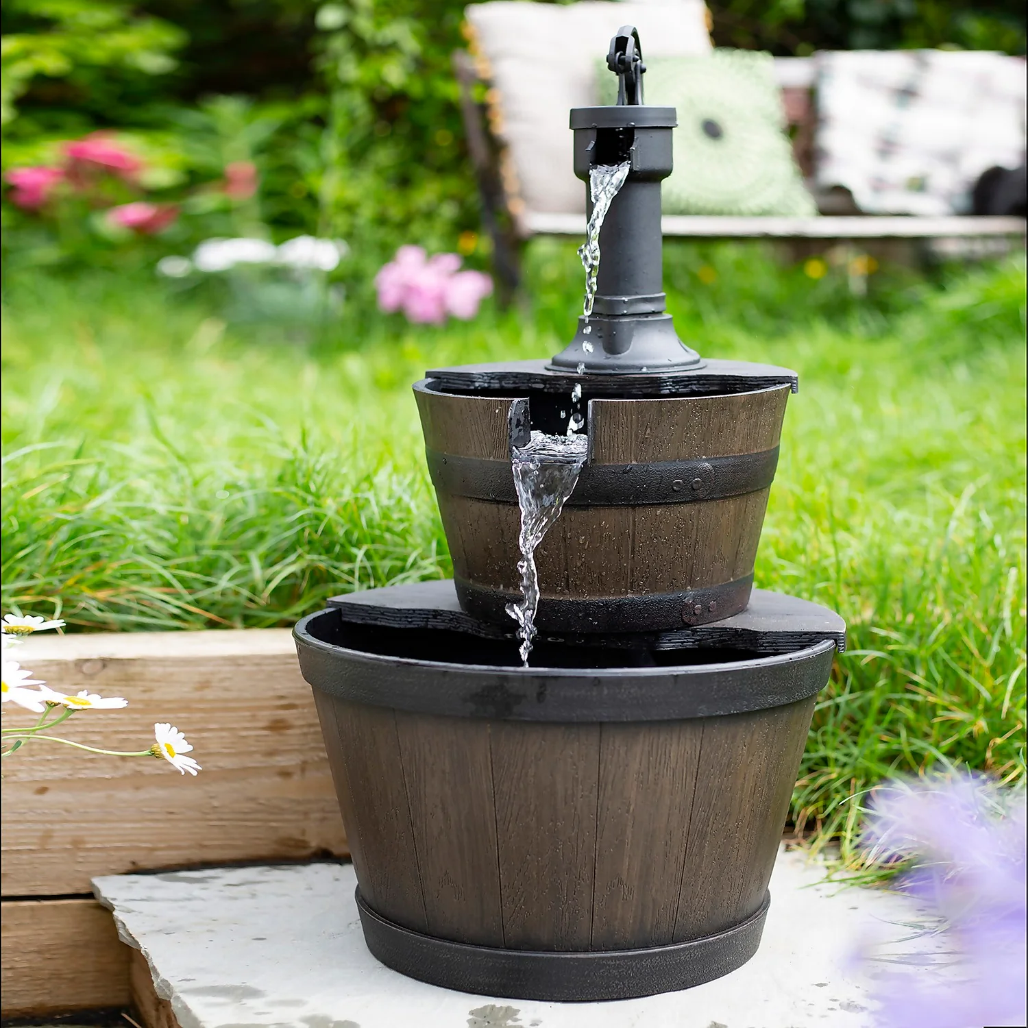 Stylish Fountain Whiskey Barrels Garden Water Feature - Image 8
