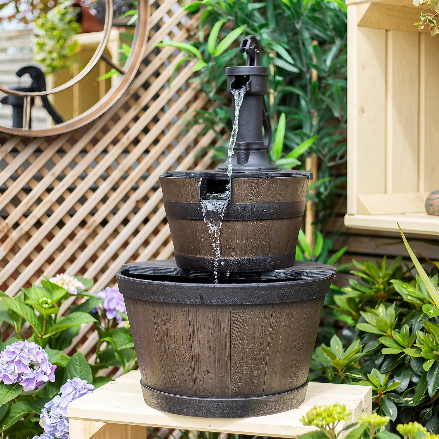 Stylish Fountain Whiskey Barrels Garden Water Feature - Image 3